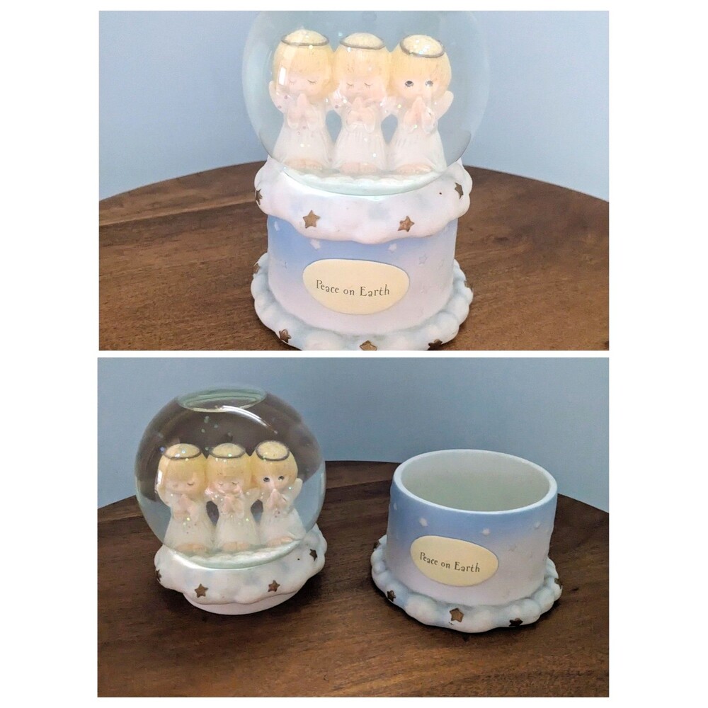 Praying Angels Snow Globe Trinket Box "Peace on Earth" Jewelry Storage Stars